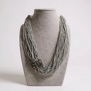 Multi Strand Silver Grey Glass seed Bead And faceted Glass Bead Necklace